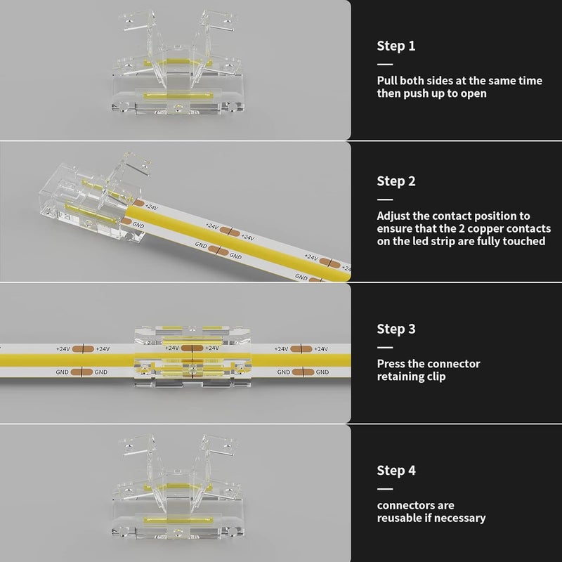 PAUTIX 8mm 2-Pin COB Connector 8pcs L-Shaped/Corner Connectors,Reusable Solderless Adapter Terminal Extension Connection,2pcs Gapless Strip to Strip Connectors for COB LED Strip Lights,SMD LED Strips - Image 3